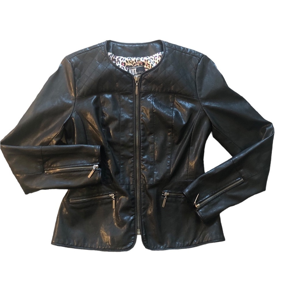 Kut From The Kloth Faux Leather Moto Jacket Sz. S Pockets Zip Cuff Black Vegan